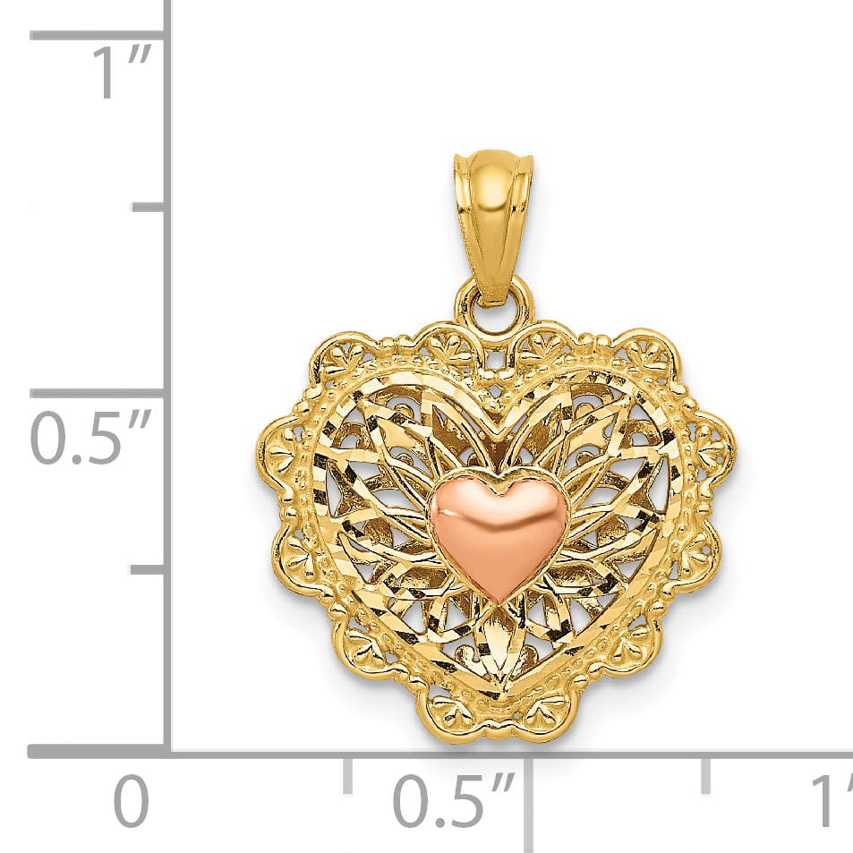 14k Two Tone Gold Filigree Heart Pendant