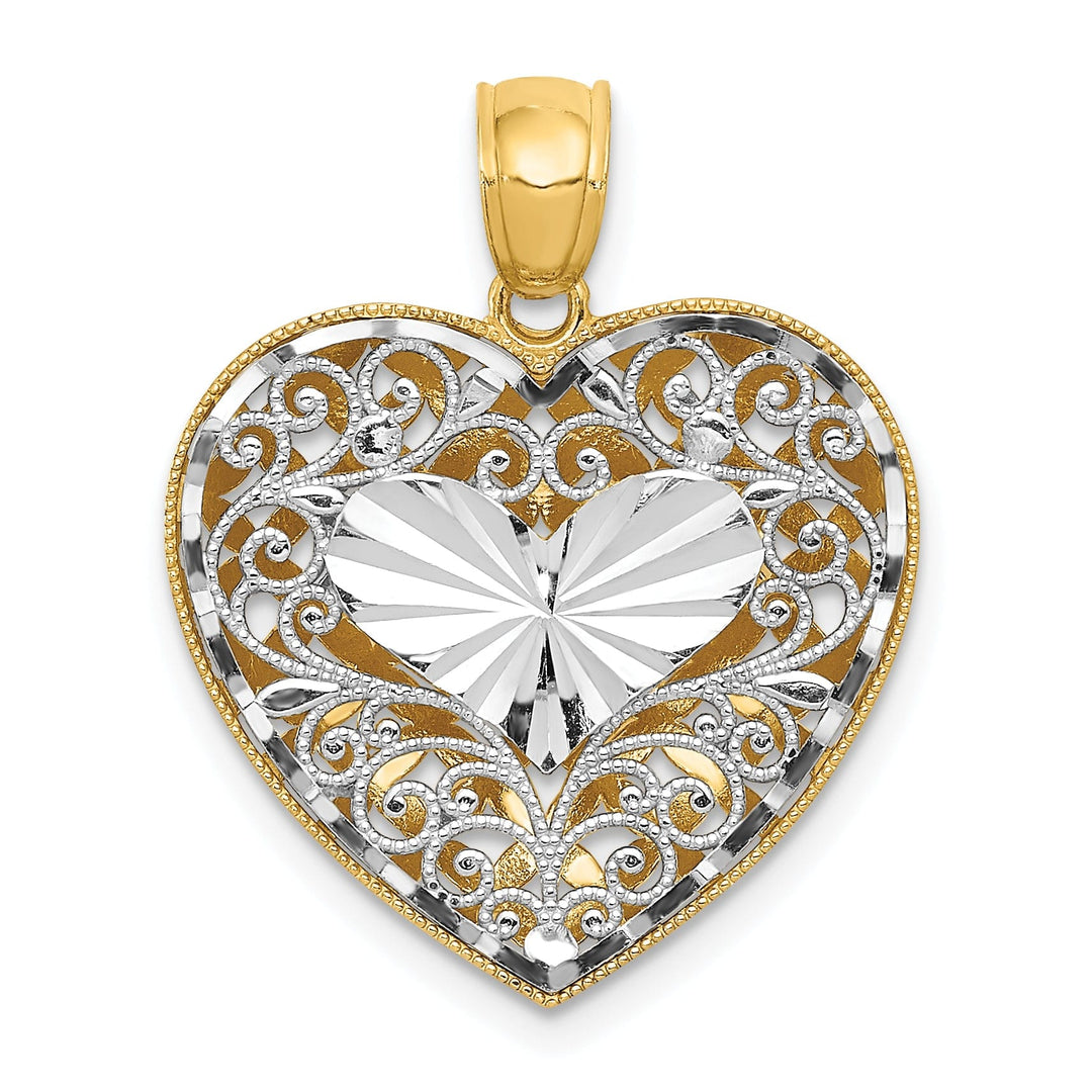 14K Two Tone Gold Solid Polished Diamond Cut Finish Reversible Fancy Filigree Design Heart Shape Charm Pendant