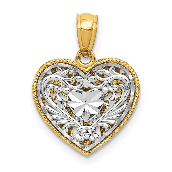 14K Two-Tone Gold Solid Polished Diamond Cut Finish Reversible Fancy Filigree Design Heart Shape Charm Pendant