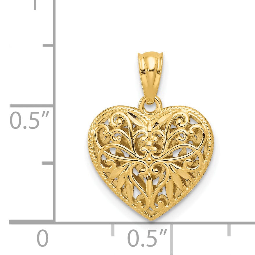 14K Two-Tone Gold Solid Polished Diamond Cut Finish Reversible Fancy Filigree Design Heart Shape Charm Pendant