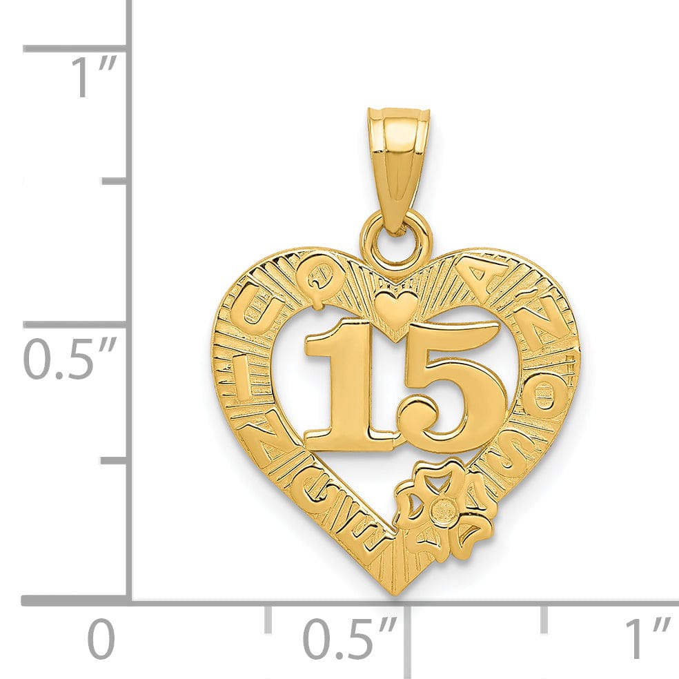 14k Yellow Gold 15 in Quince Anos Heart Frame Pendant. Engraving fee $22.00.