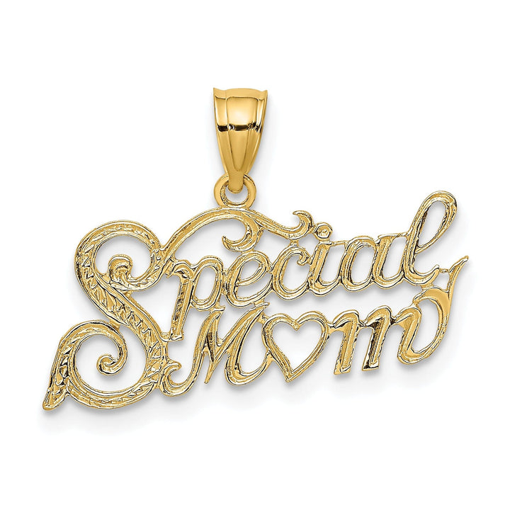 14k Yellow Gold Textured Polished Finish Fancy Script Design SPECIAL MOM Charm Pendant