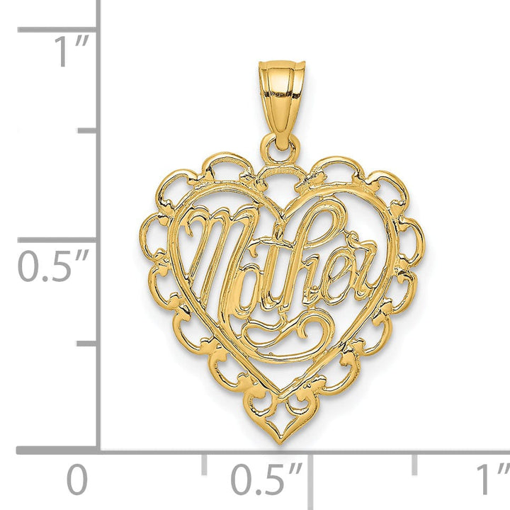 14k Yellow Gold Polished Tetxtured Finish MOTHER in Lace Heart Design Charm Pendant
