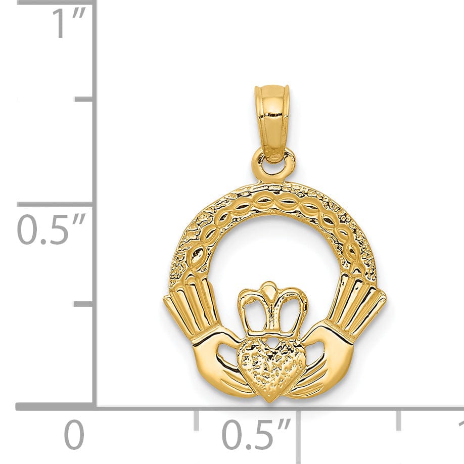 14k Yellow Gold Solid Textured Polished Finish Claddagh Design Charm Pendant