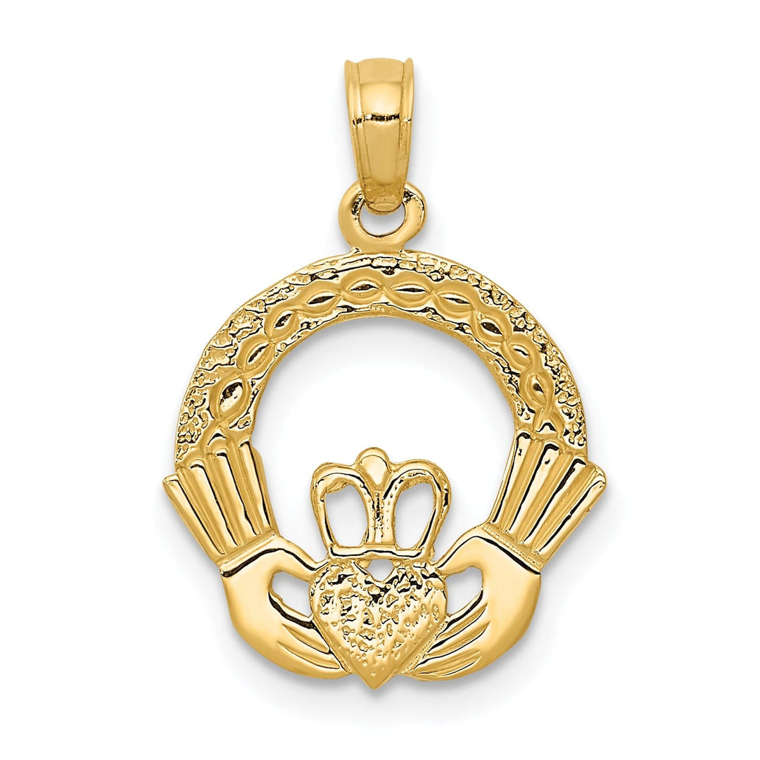 14k Yellow Gold Solid Textured Polished Finish Claddagh Design Charm Pendant