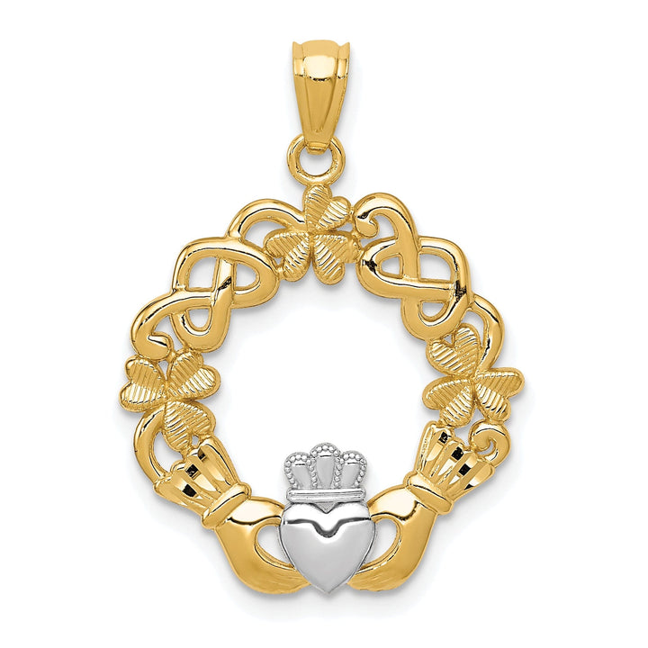 14k Yellow Gold White Rhodium Solid Textured Polished Finished Mens Claddagh Design Charm Pendant