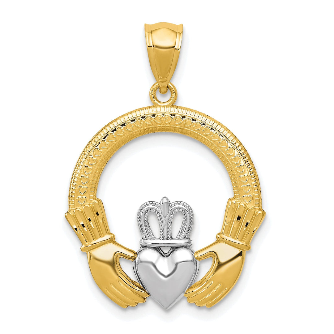 14k Yellow Gold White Rhodium Textured Polished Finished Solid Mens Claddagh Design Charm Pendant