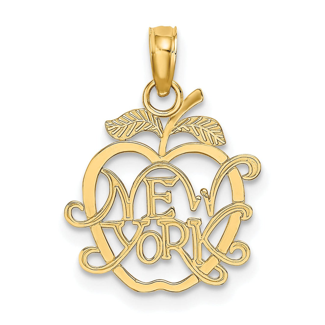 14k Yellow Gold Solid Polished Textured Finish NEW YORK in Apple Shape Cut Out Design Charm Pendant