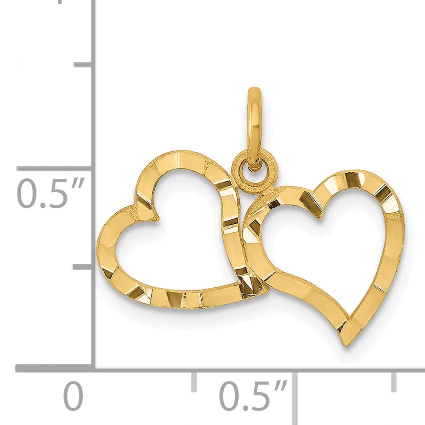 14K Yellow Gold Solid Polished Textured Finish Double Hearts Design Charm Pendant