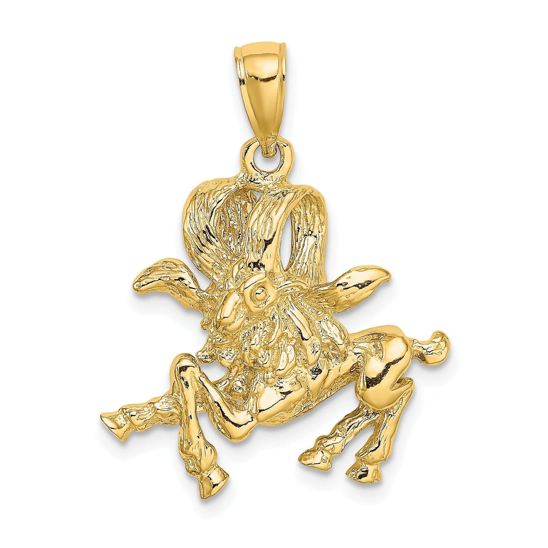 14k Yellow Gold Polished Texture Finish Large Size3-D Aries Zodiac Charm Pendant
