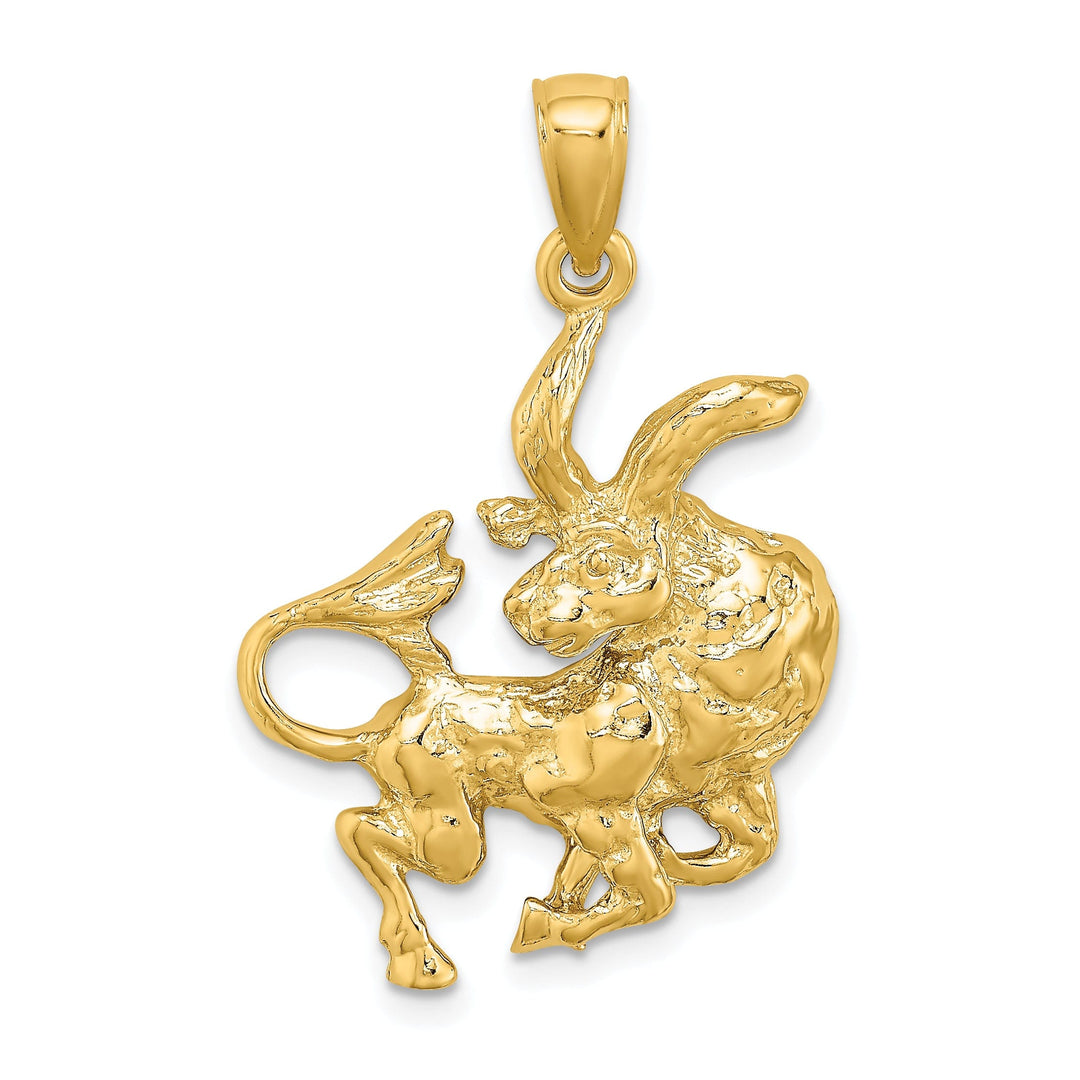14k Yellow Gold Polished Texture Finish Large Size3-D Taurus Zodiac Charm Pendant