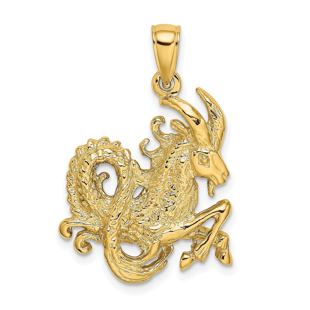14k Yellow Gold Polished Texture Finish Large Size3-D Capricorn Zodiac Charm Pendant
