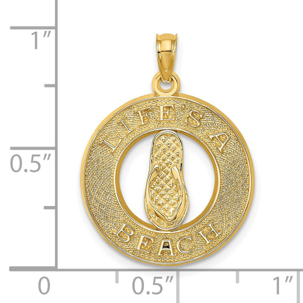 14K Yellow Gold Texture Polished Finish Solid Flat Back LIFES A BEACH Circle Shape with Flip-FlopSandle Design Charm Pendant