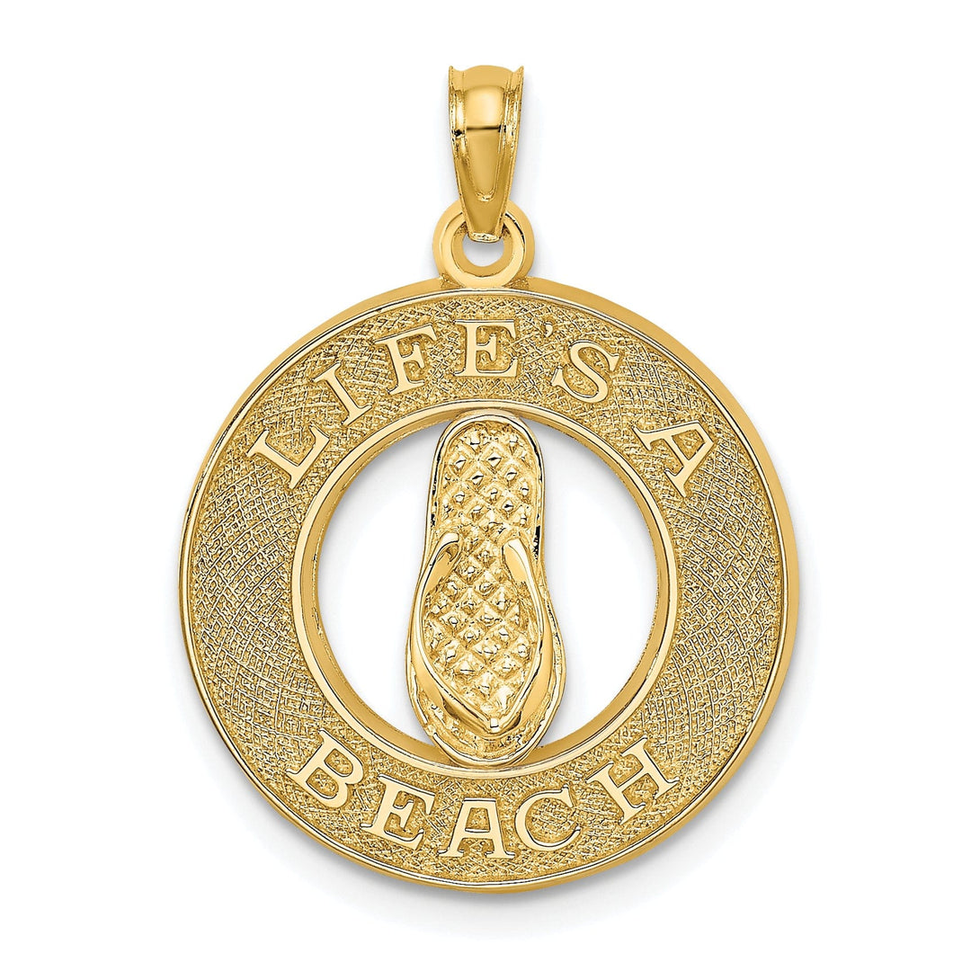 14K Yellow Gold Texture Polished Finish Solid Flat Back LIFES A BEACH Circle Shape with Flip-FlopSandle Design Charm Pendant
