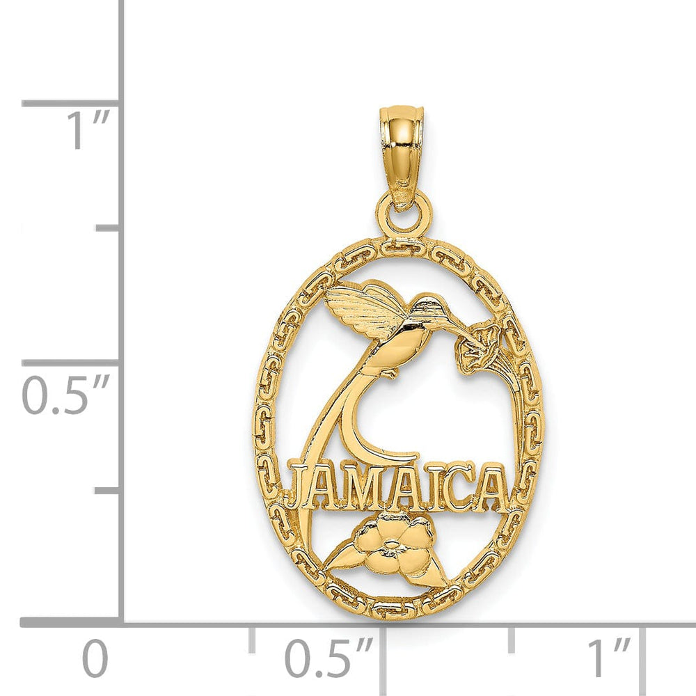 14k Yellow Gold Polished Textured Finish JAMAICA with Bird & Flowers in Oval Shape Design Charm Pendant