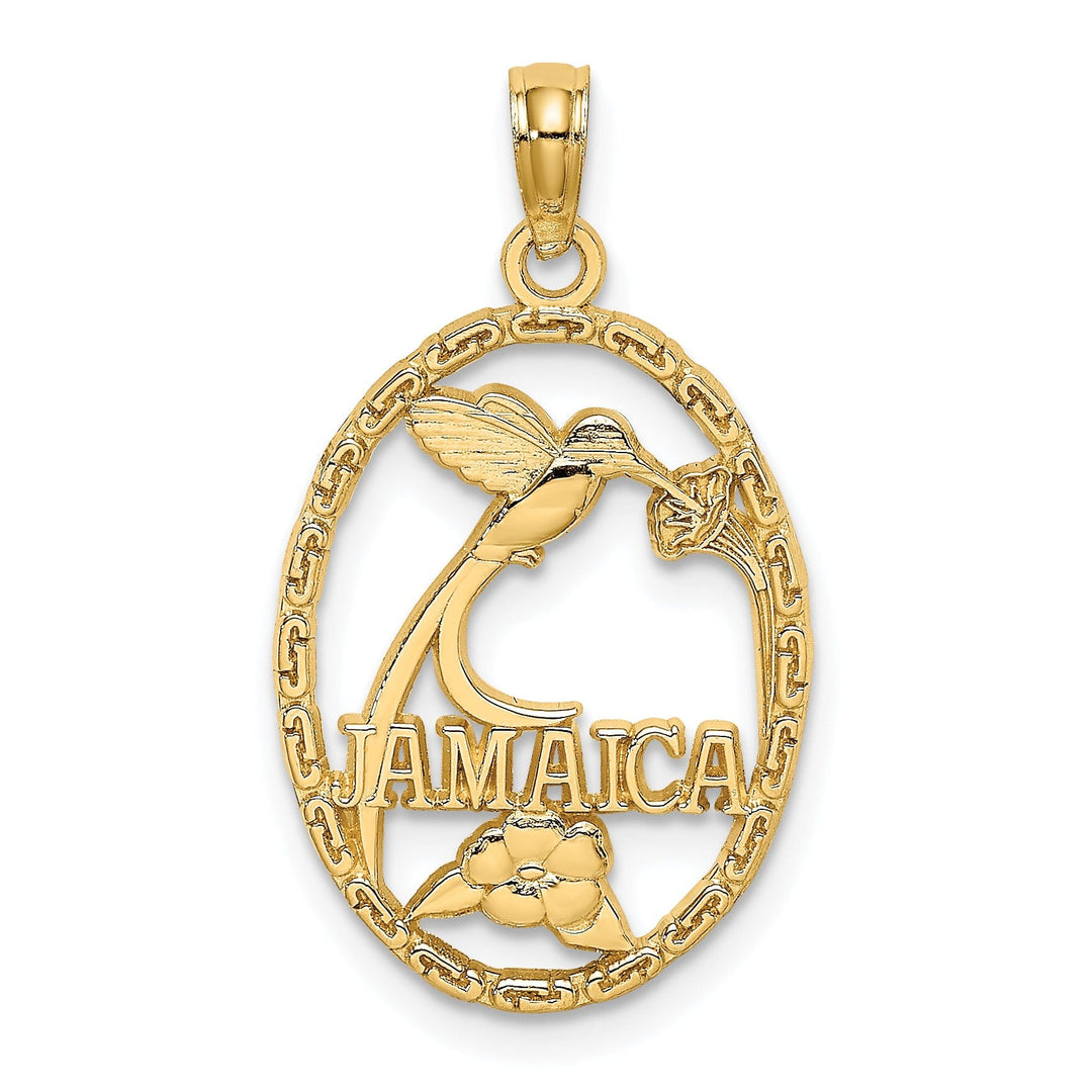 14k Yellow Gold Polished Textured Finish JAMAICA with Bird & Flowers in Oval Shape Design Charm Pendant