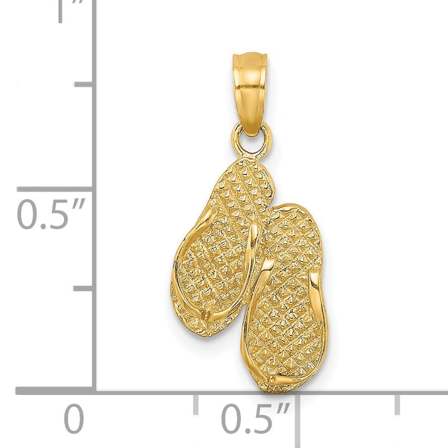 14k Yellow Gold Polished Textured Finish 3-Dimensional MYRTLE BEACH Double Flip-Flop Sandles Charm Pendant