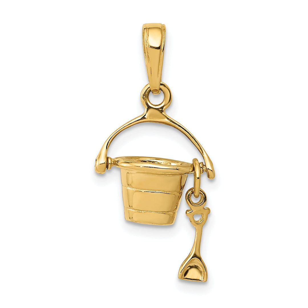 14k Yellow Gold Solid Polished Finish 3-Dimensional Beach Pail with Shovel Charm Pendant