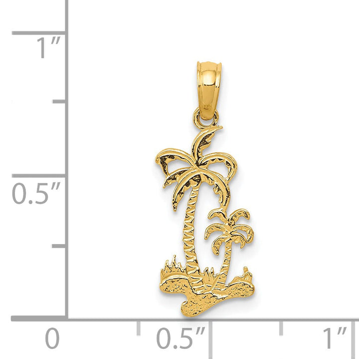 14k Yellow Gold Solid Textured Polished Finish Double Palm Trees CharmPendant