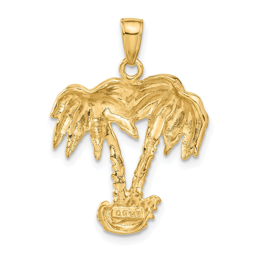 14k Yellow Gold Solid Textured Polished Finish Open Back Double Palm Trees Charm Pendant
