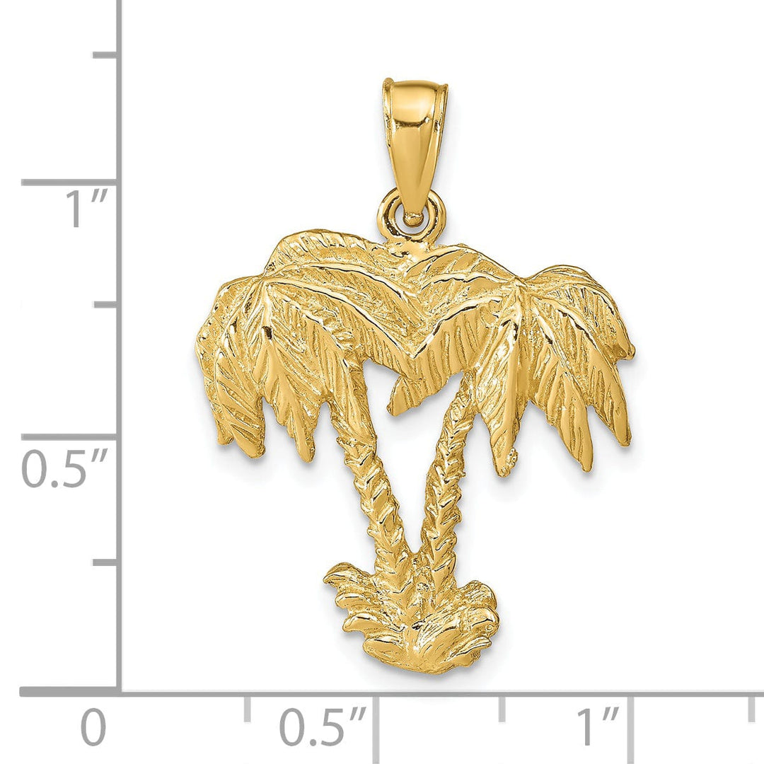 14k Yellow Gold Solid Textured Polished Finish Open Back Double Palm Trees Charm Pendant