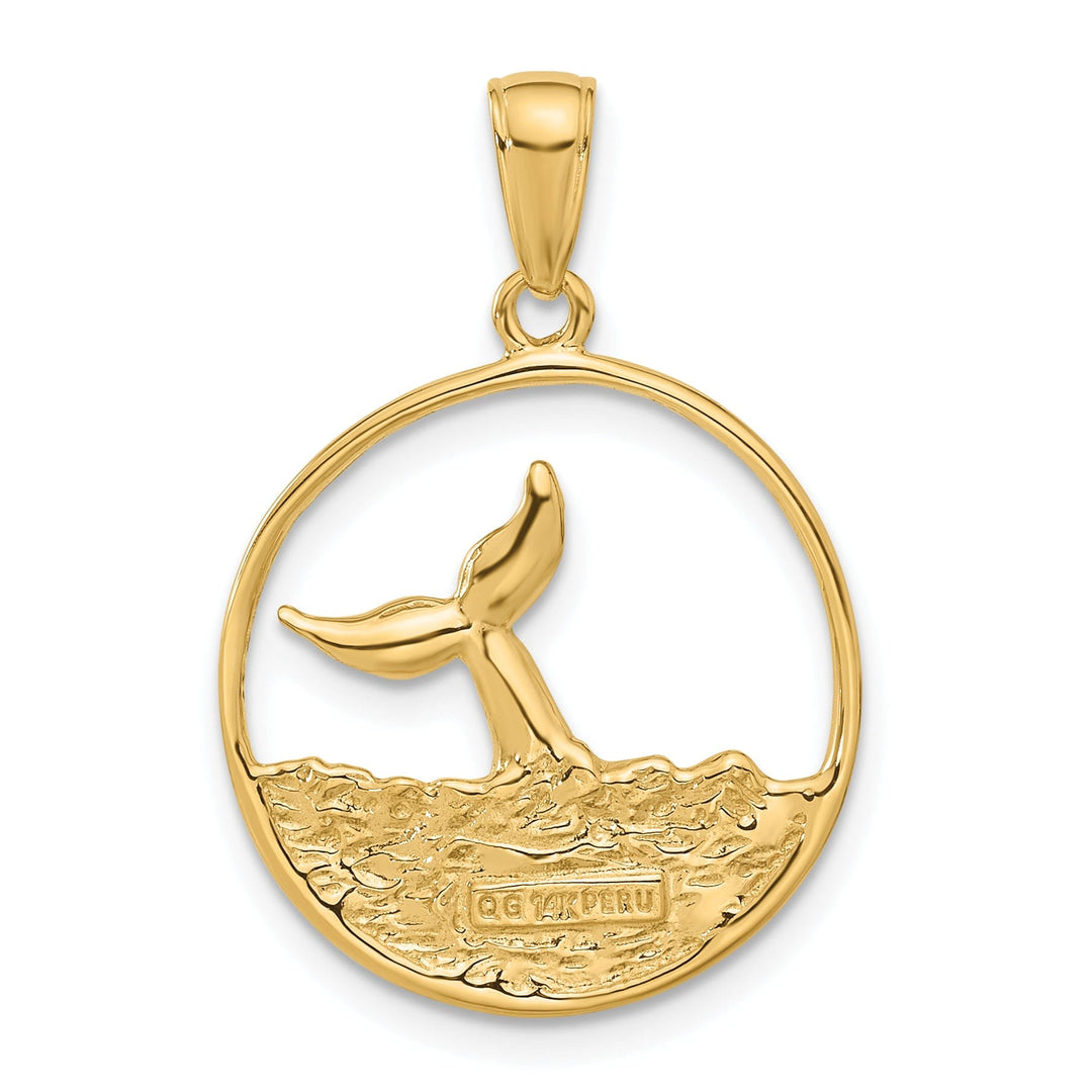 14k Yellow Gold Solid Polished Finish Whale Tail in Circle Design with Waves Charm Pendant