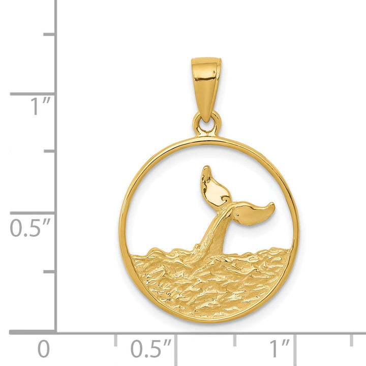 14k Yellow Gold Solid Polished Finish Whale Tail in Circle Design with Waves Charm Pendant