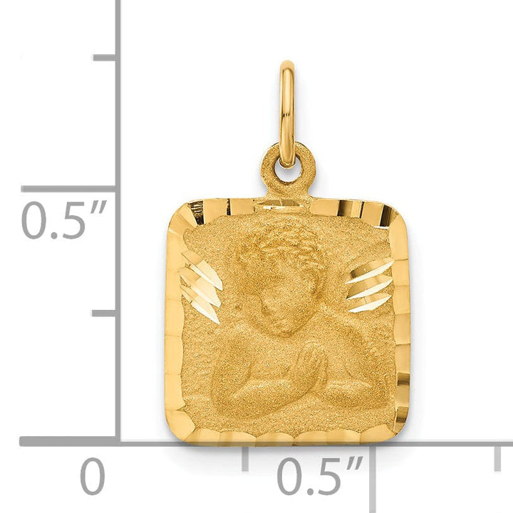 14K Yellow Gold Satin and D.C Finish Square Shape Angel Pendant