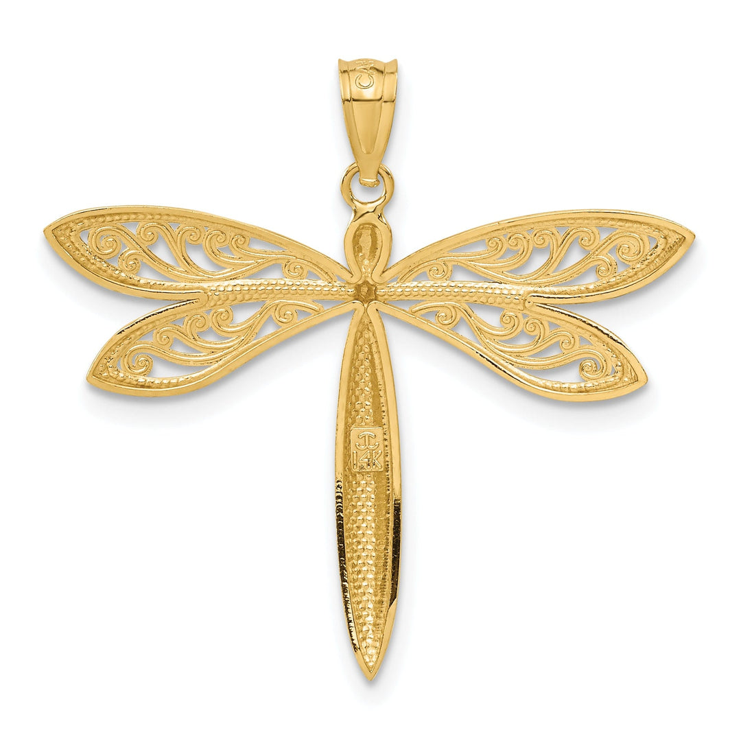 14k Yellow Gold White Rhodium Solid Open Back Textured Polished Finish Filligree Wing Design Dragonfly Charm Pendant
