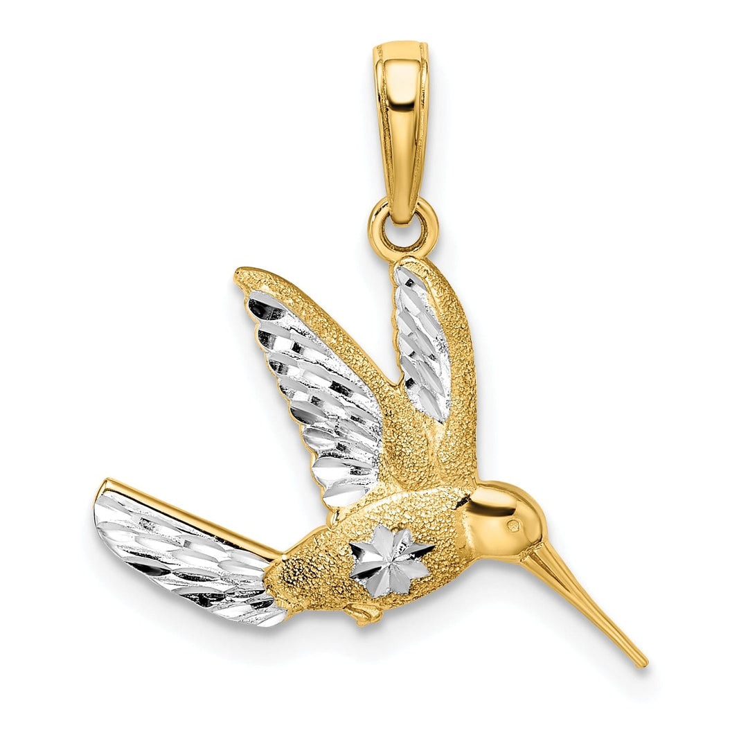 14k Yellow Gold White Rhodium Solid Polished Diamond Cut Textured Finish Hummingbird in Flight Charm Pendant