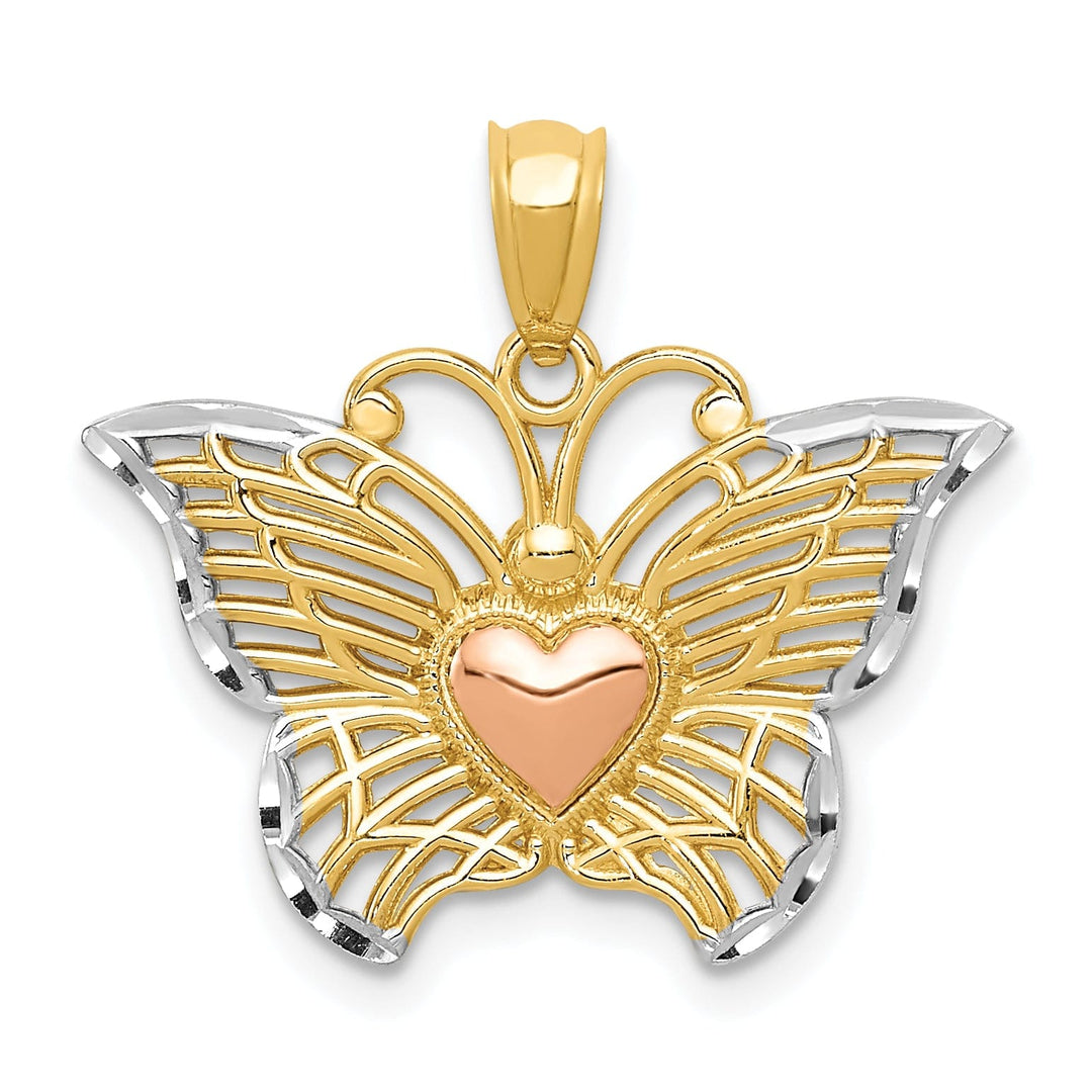 14k Two-tone Gold Open Back Casted Diamond-cut Solid Polished Finish Butterfly with Heart Charm Pendant