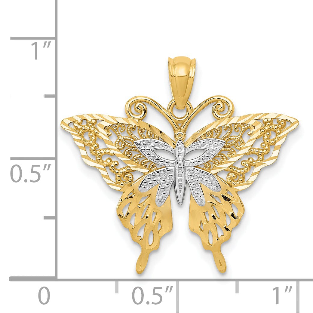 14k Yellow Gold with Rhodium Open Back Casted Solid Polished Finish Diamond-cut Fancy Butterfly Charm Pendant