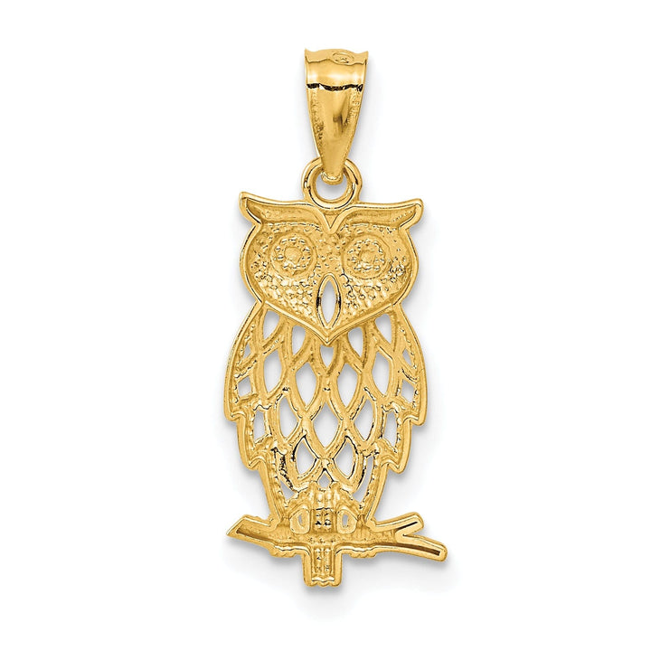 14k Yellow Gold White Rhodium Diamond Cut Polished Finish Owl Design Charm Pendant