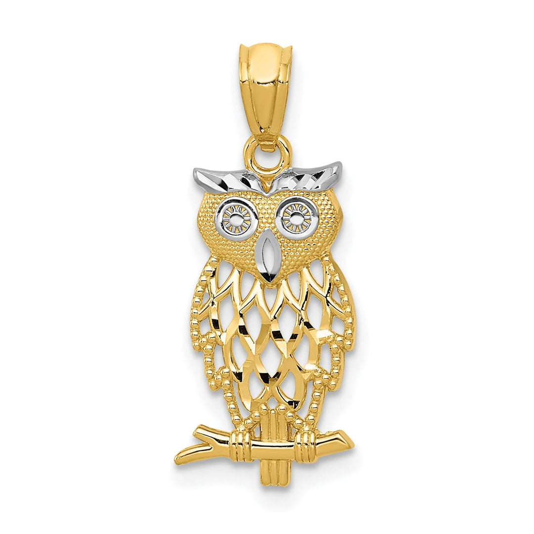 14k Yellow Gold White Rhodium Diamond Cut Polished Finish Owl Design Charm Pendant