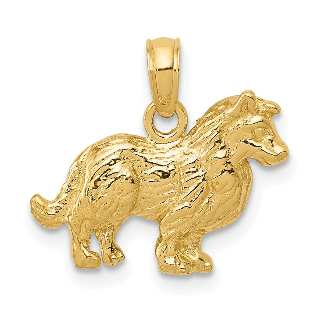14k Yellow Gold Textured Polished Finish Solid Collie Dog Charm Pendant