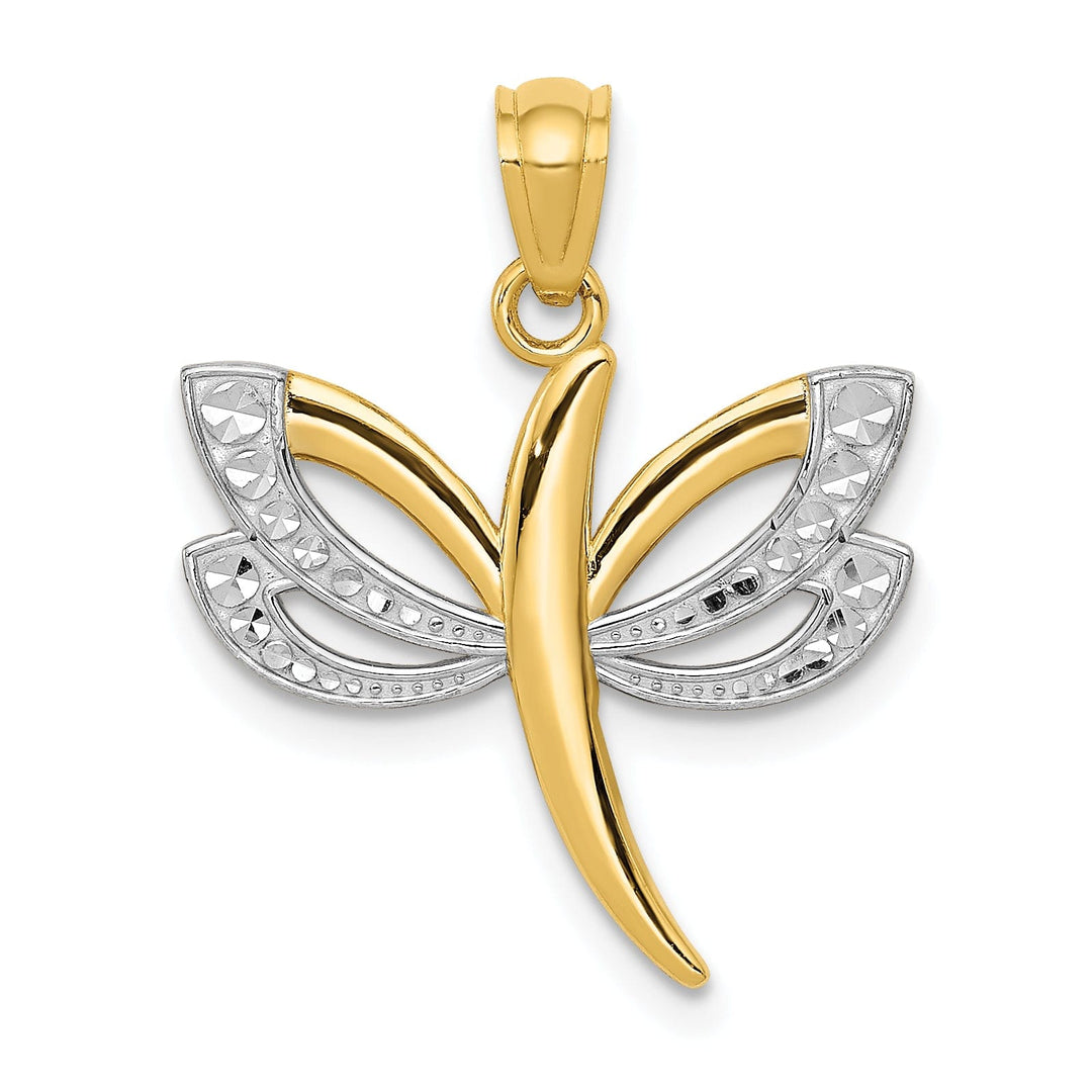 14k Yellow Gold White Rhodium Open Back Solid Polished Finish Dragonfly Charm Pendant