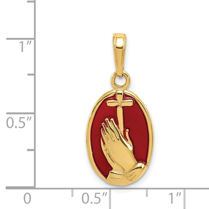 14K Yellow Gold Polished Red Finish Praying Hands with Cross Pendant
