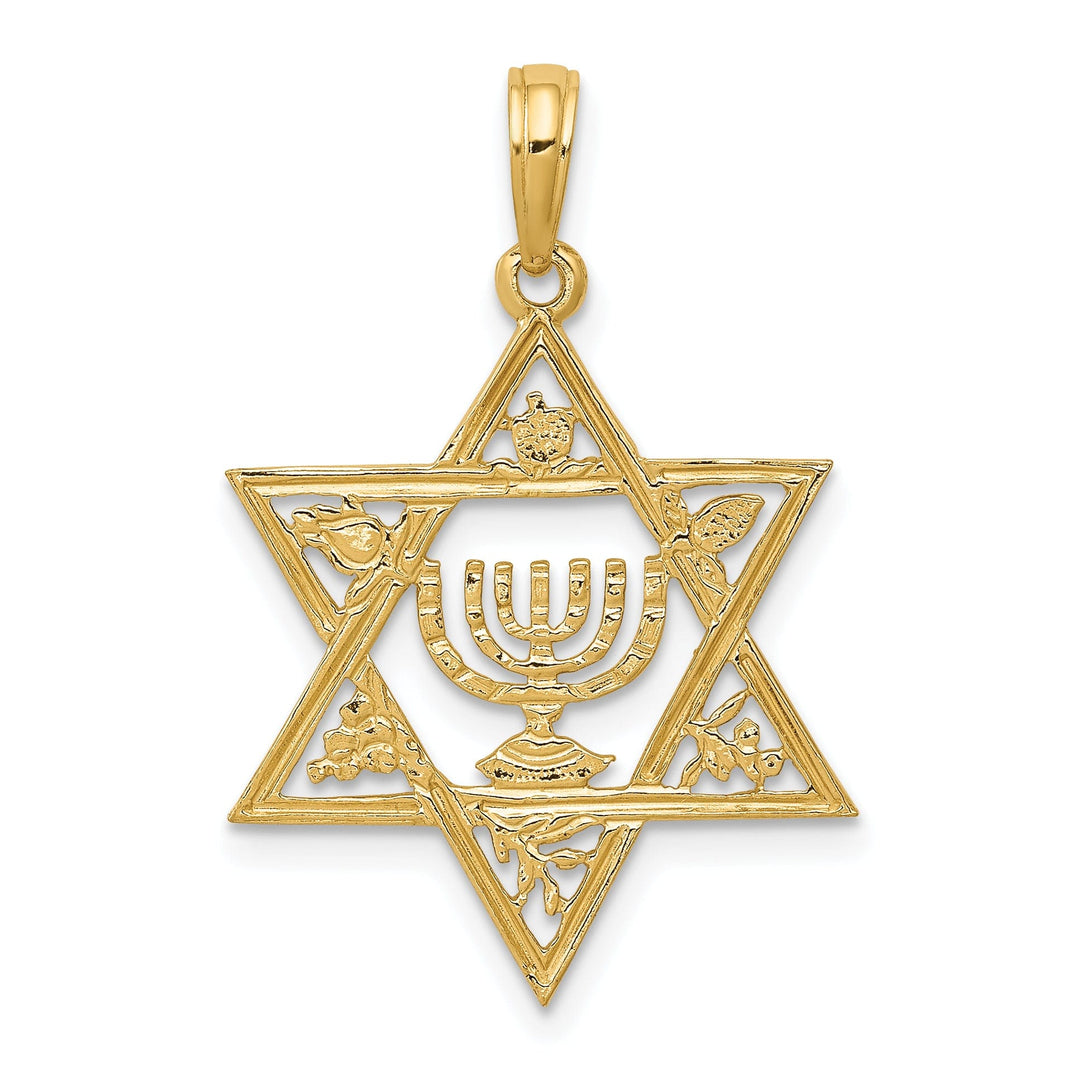 14K Yellow Gold Polished Star of David with Menorah in Center Pendant