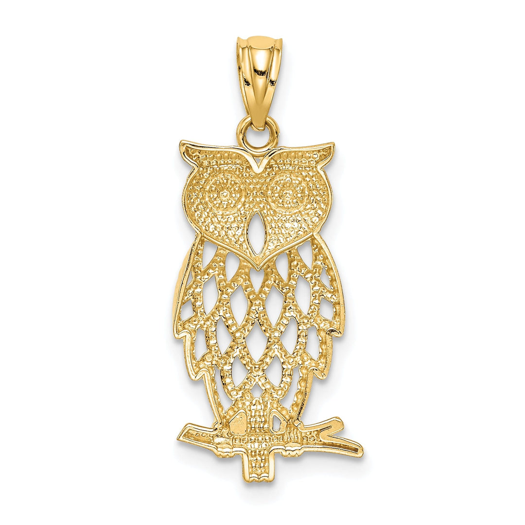 14k Yellow Gold White Rhodium Open Back Polished Diamond Cut Finish Owl On branch CharmPendant