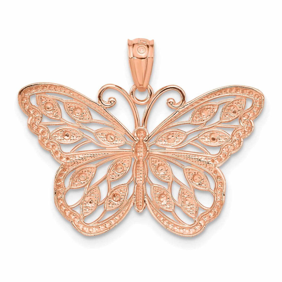 14k Rose Gold with Rhodium Textured Back Solid Casted Polished Finish Diamond-cut Butterfly Charm Pendant