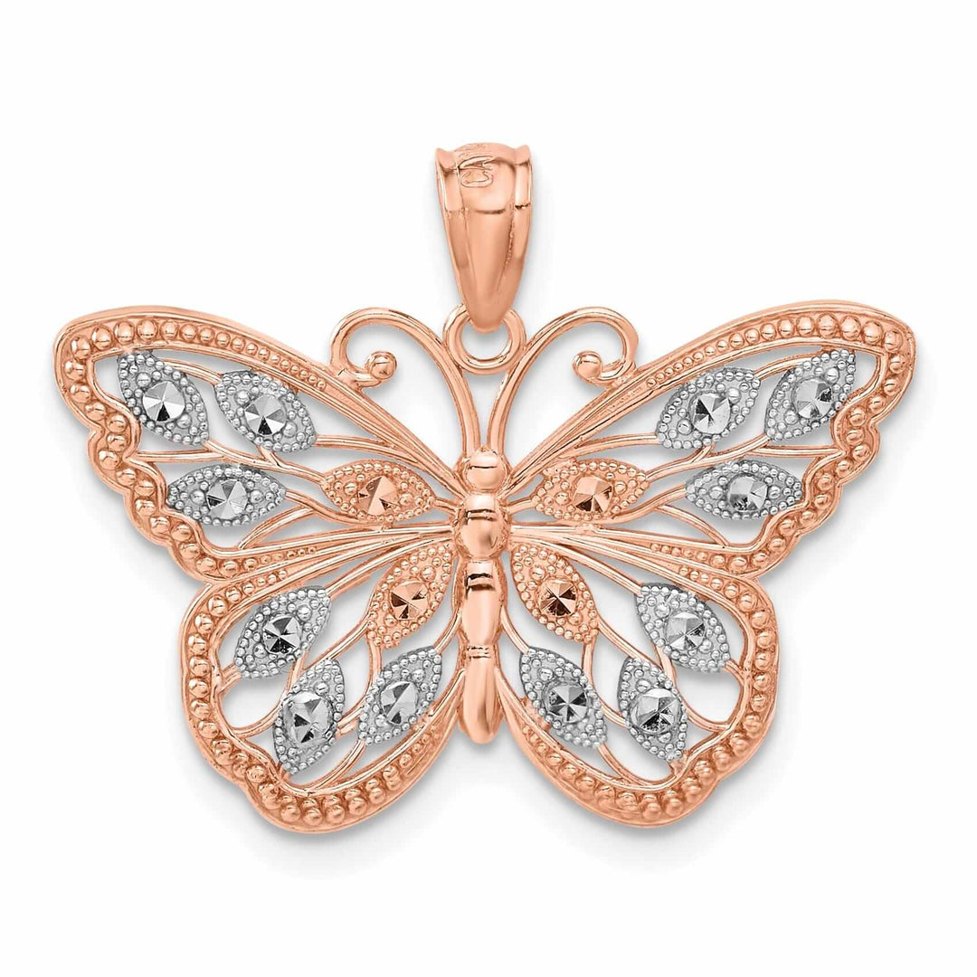 14k Rose Gold with Rhodium Textured Back Solid Casted Polished Finish Diamond-cut Butterfly Charm Pendant