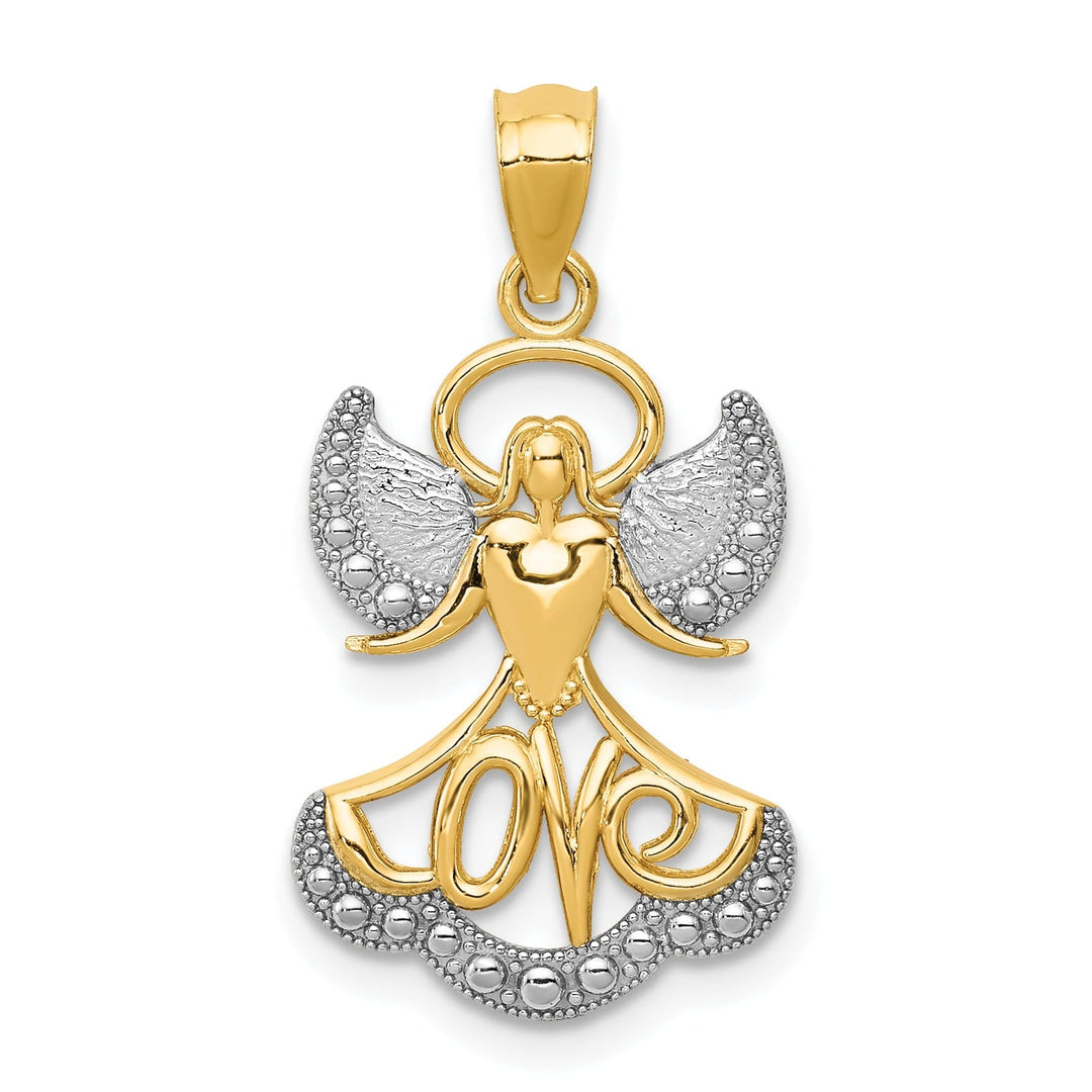 14K Yellow Gold White Rhodium Polished Finish Solid LOVE Angel Pendant