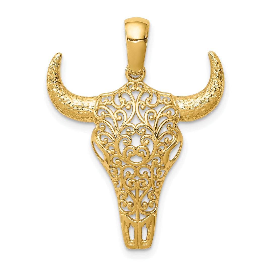 14K Yellow Gold Open Back Polished Finish Filigree Design Steer Skull with Horns Charm Pendant