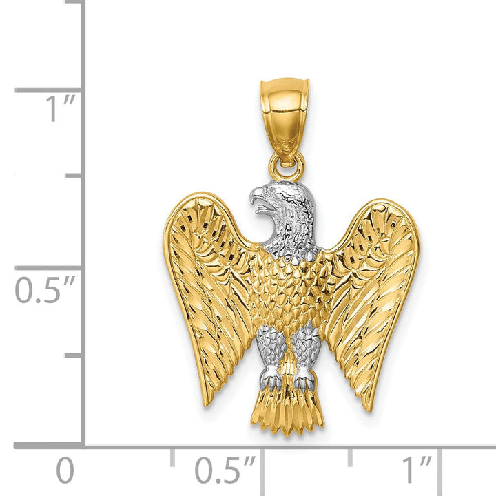 14K Yellow Gold White Rhodium Polished Textured Finish Mens Eagle Charm Pendant
