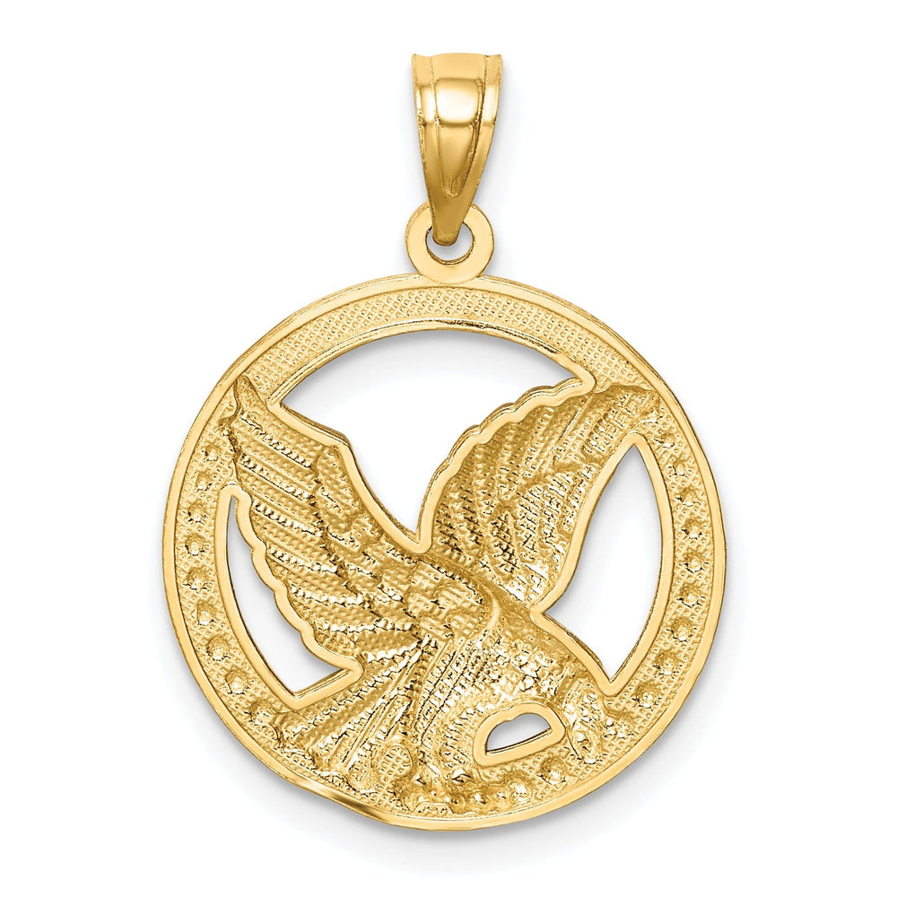 14K Yellow Gold White Rhodium Solid Textured Polished Finish Eagle in Circle Shape Design Mens Charm Pendant