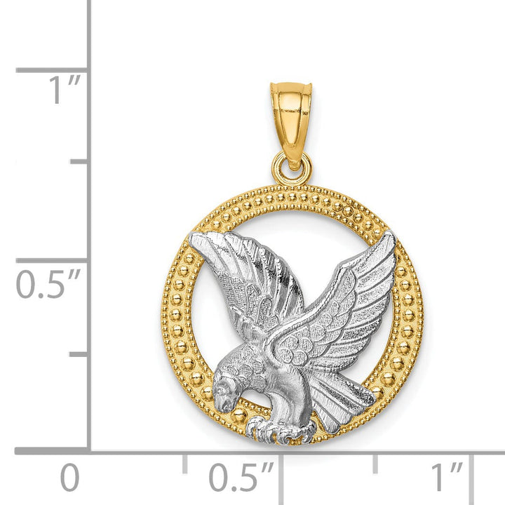 14K Yellow Gold White Rhodium Solid Textured Polished Finish Eagle in Circle Shape Design Mens Charm Pendant