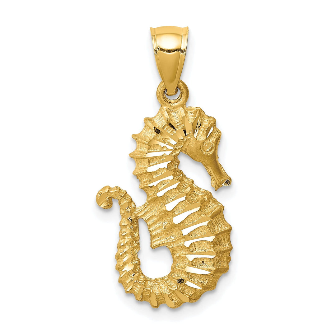 14K Yellow Gold Solid Polished Diamond Cut Finish Seahorse Charm Pendant