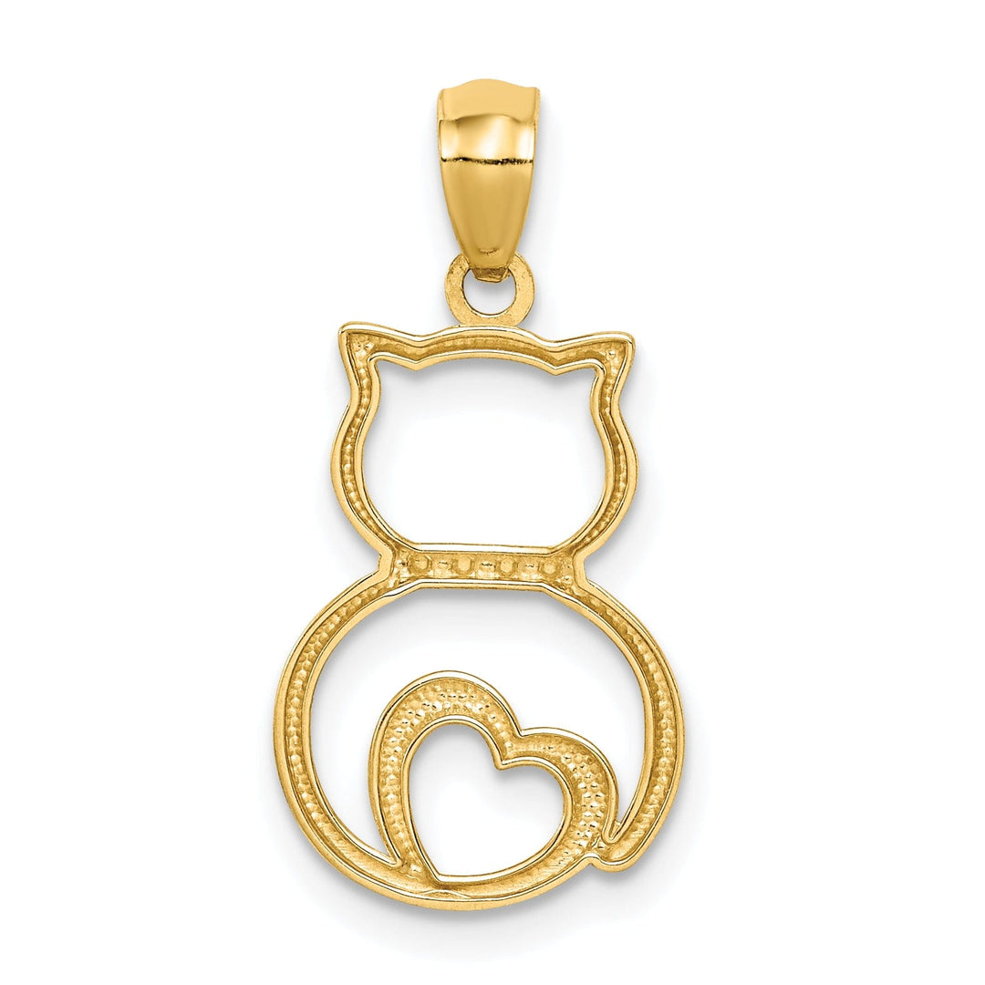14k Yellow Gold White Rhodium Solid Polished Diamond Cut Finish Sitting Cat Cut Out Design Charm Pendant