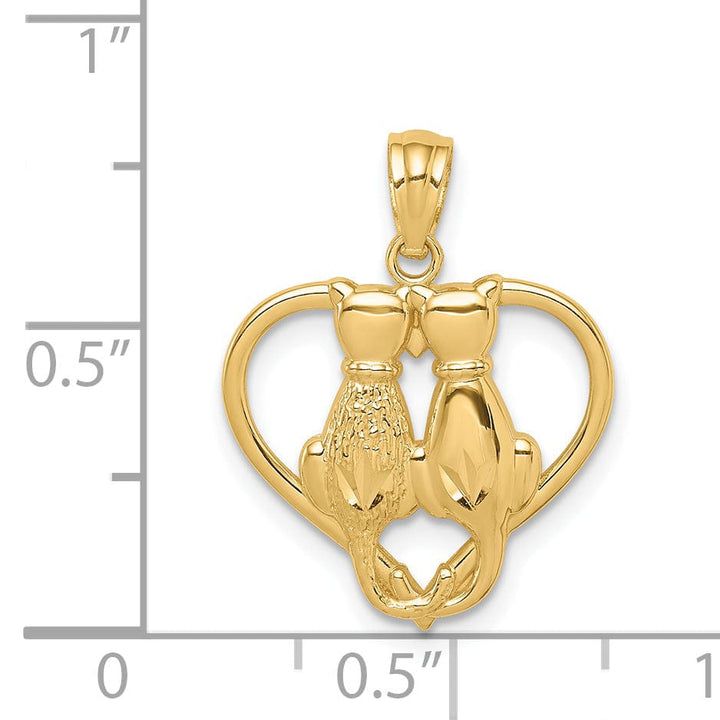 14k Yellow Gold Solid Polished Textured Finish Two Sitting Cats in Heart Shape Design Charm Pendant