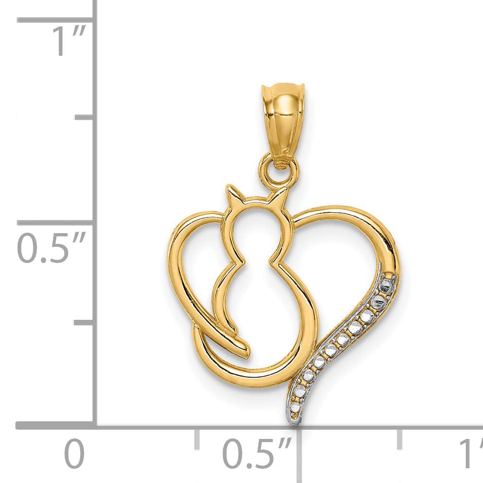 14K Yellow Gold White Rhodium Solid Polished Finish Sitting Cat in a Heart Design Charm Pendant